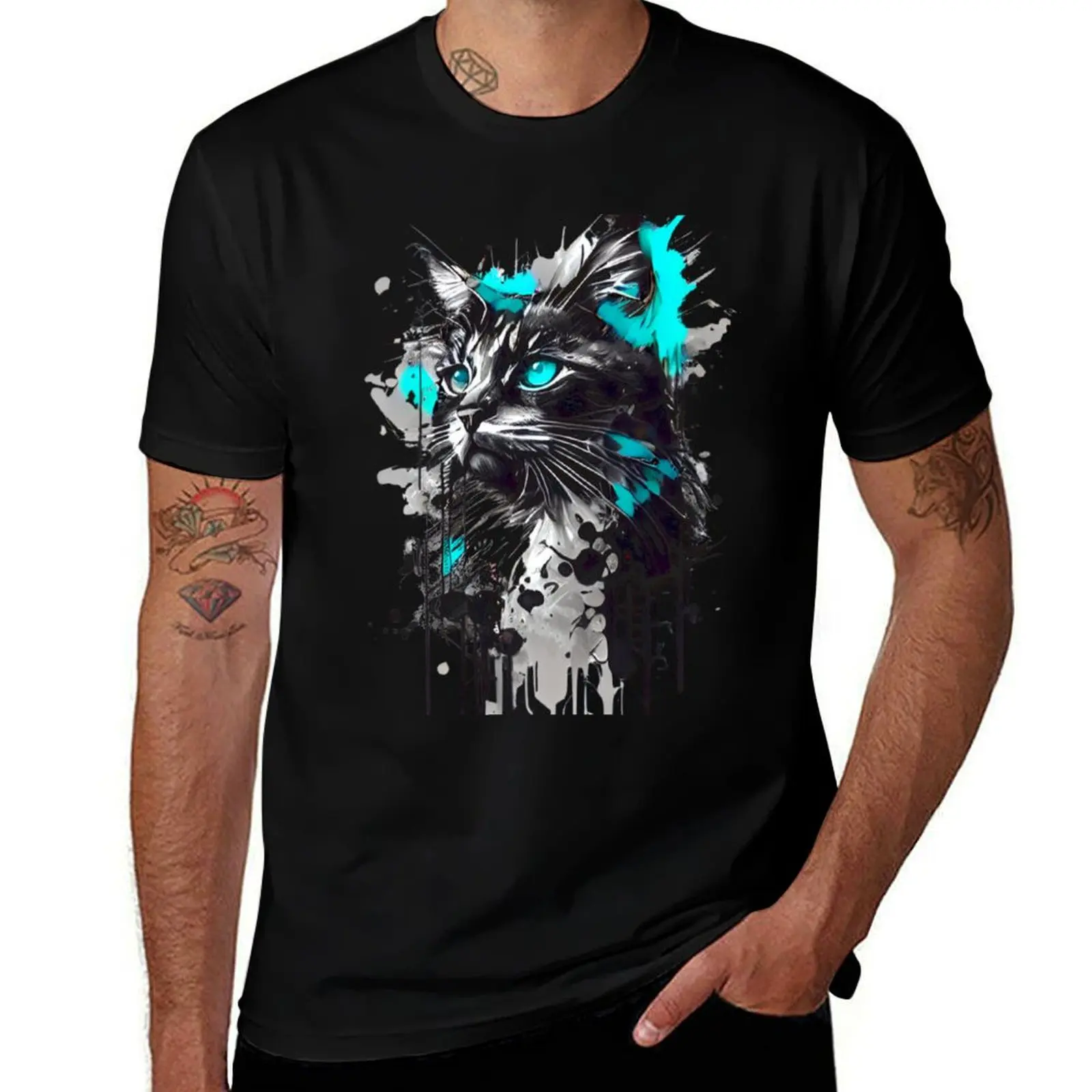 An artistic painting of a cute cat with turquoise blue eyes T-Shirt Soft Basic Cotton Short Sleeve Tee