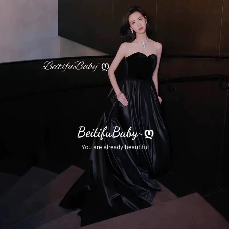 BeitifuBaby Black Strapless Evening Dress for Women Wedding Party Simple Style Stain Banquet Ball Gown Formal Dresses Vestidos