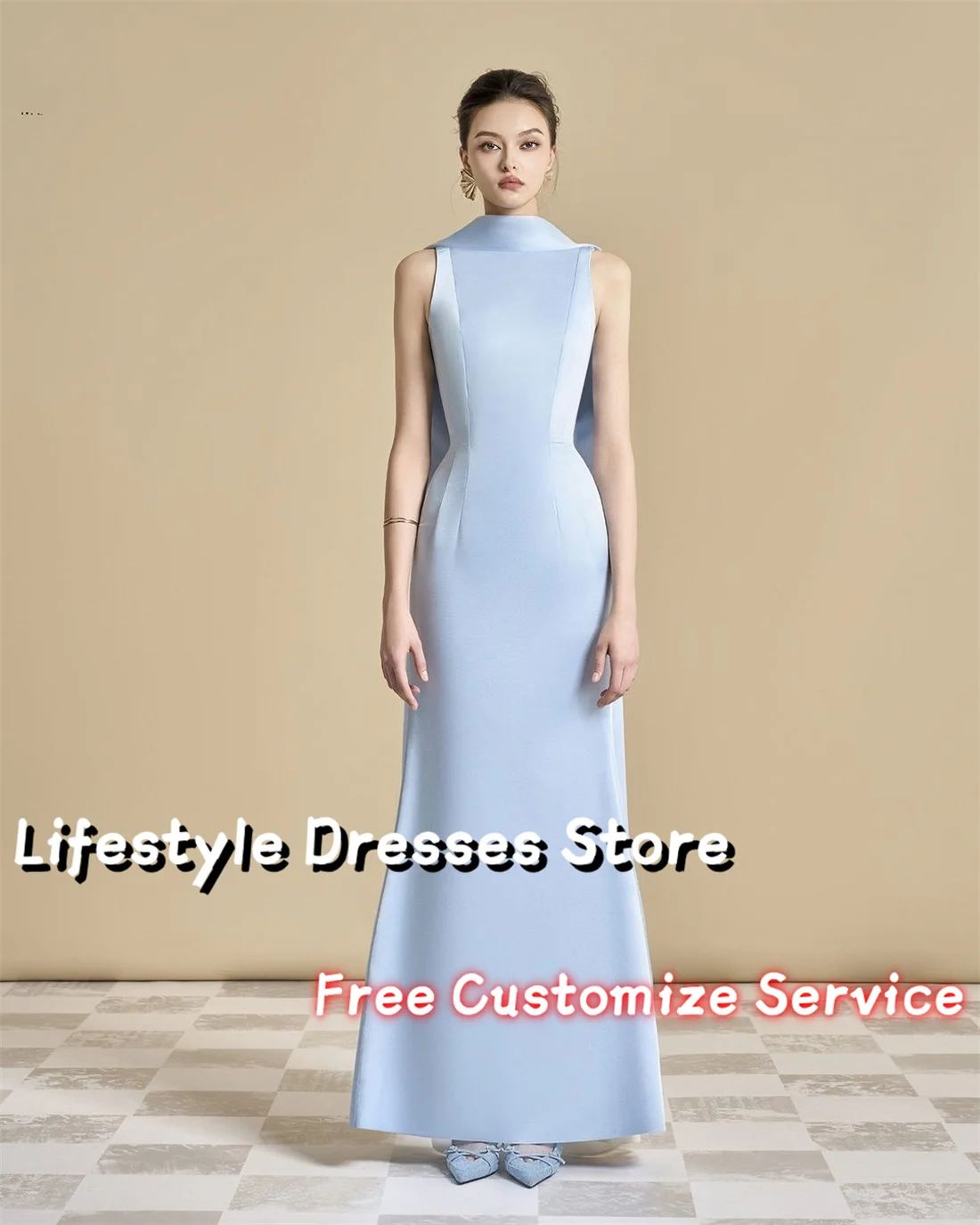 Customized Sleeveless Elegant Party Dress 2024 Ruched Light Blue Prom Evening Dress Wedding Formal Gown