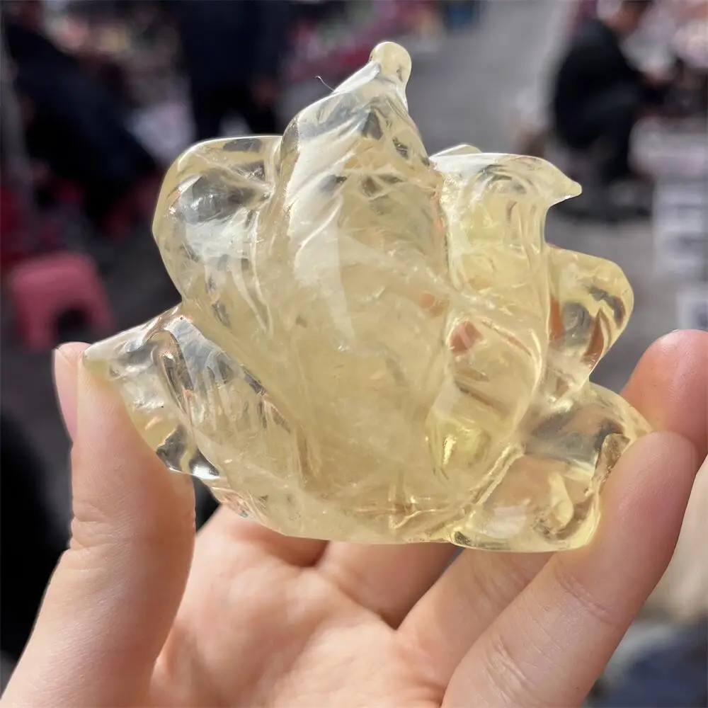 Natural Crystal Quartz Citrine Nine-Tailed Fox Carving Healing Ornaments Animal Statue for Home Decor Room Decoration Gift