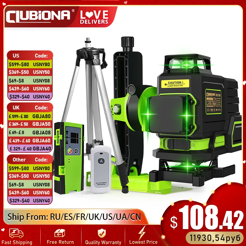 CLUBIONA 16/12 Lines 3D/4D Laser Level Super Powerful Green Beam 360 Horizontal And Vertical Cross-Line Self-leveling Measure