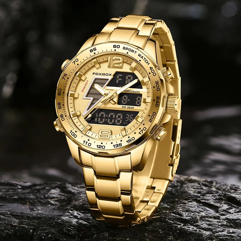 Reloj 2023 de doble pantalla para hombre, reloj de lujo de marca superior, reloj deportivo de cuarzo militar a la moda, resistente al agua, reloj cronógrafo dorado