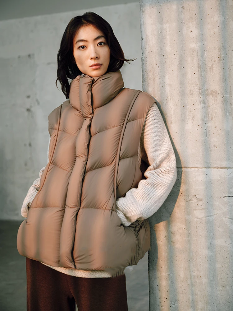 Herbst Winter Gebogene Puff Stehkragen Unten Weste Weibliche Doppel-reißverschluss Weste Outwears Frauen Weiße Ente Unten Flauschigen Warme Westen