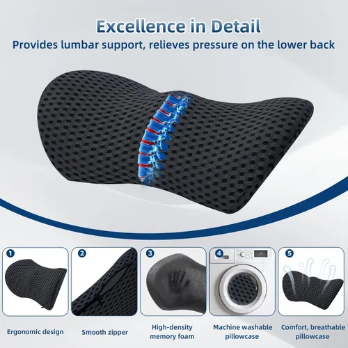 Imagen 2 del producto Almohada de apoyo Lumbar, almohada Lumbar ergonómica de espuma viscoelástica para aliviar el dolor de espalda, almohada para la parte inferior de la espalda para sillas de oficina, asiento de coche