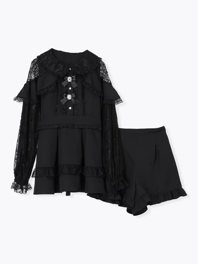 Japanese Dress Set Women Autumn New Sweet Lolita Mine Style Mesh Plaid Splicing Fake Two-piece Shirt Dress Shorts Two Pieces Set