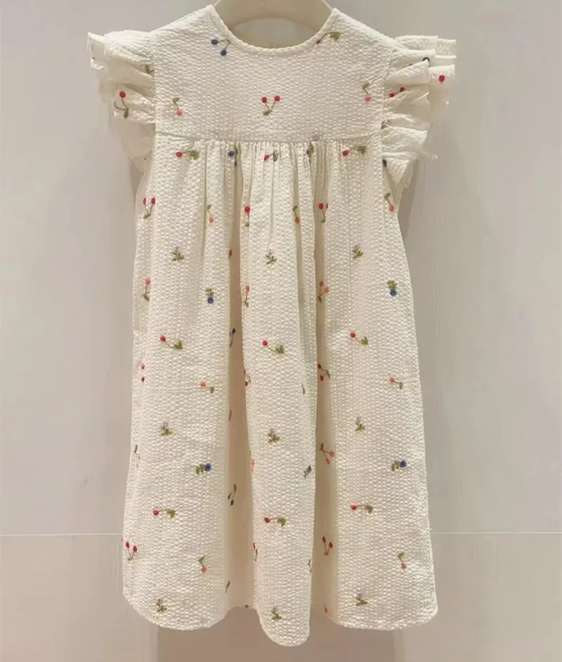 2024 BP Summer Floral Dress for Girls Cherry Embroidery Dress Children\'s Set Bohemian White Dress