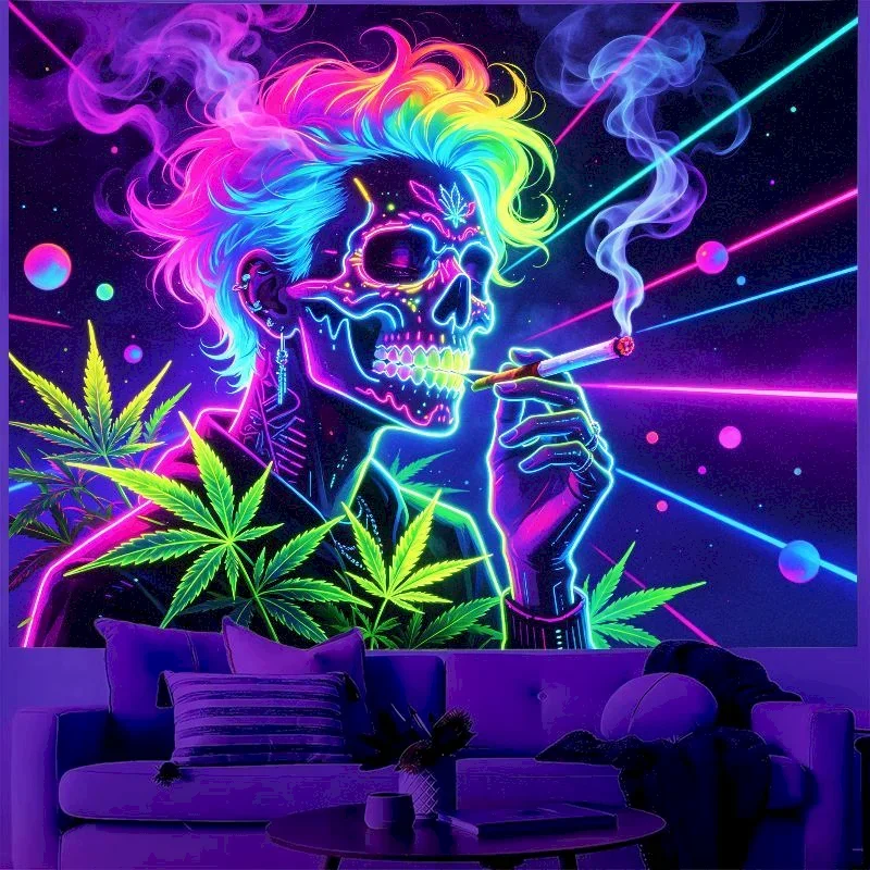 VIKAMA Blacklight Smoking Skull Weed Leaf Tapestry UV Reactive Neon Wall Hanging Trippy Room Decor Home Wall Decoration