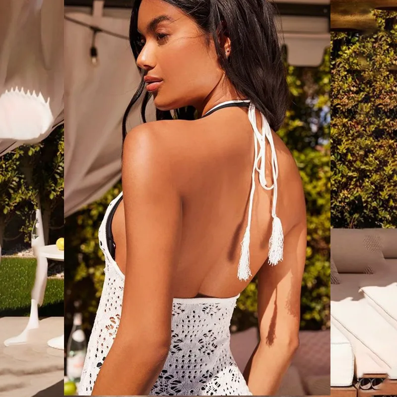 Novedad de verano, falda de Color sólido para mujer, Bikini de playa calado de punto Sexy, traje de baño para cubrir, ropa de protección solar