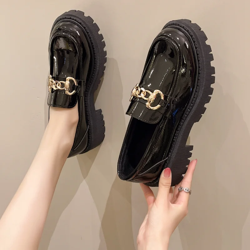 2023 Female Shoes Women Fashion Mary Janes Round Toe Flats Loafers Oxfords Platform Casual Metal Chain Buckle Ladies Heels Black