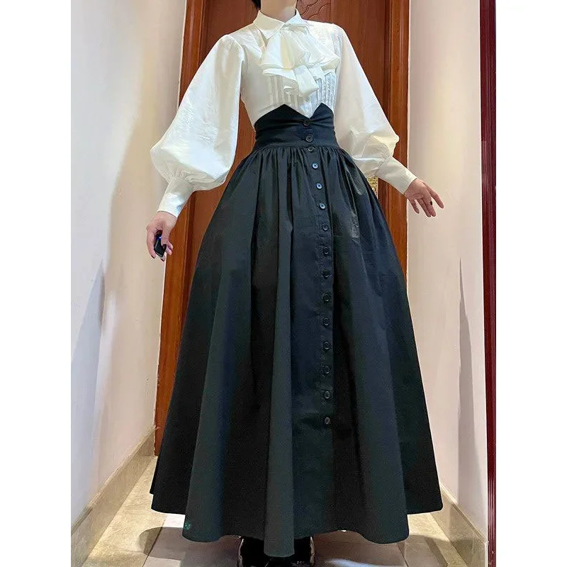 Large size retro lantern sleeve shirt women's spring and autumn high-end black skirt