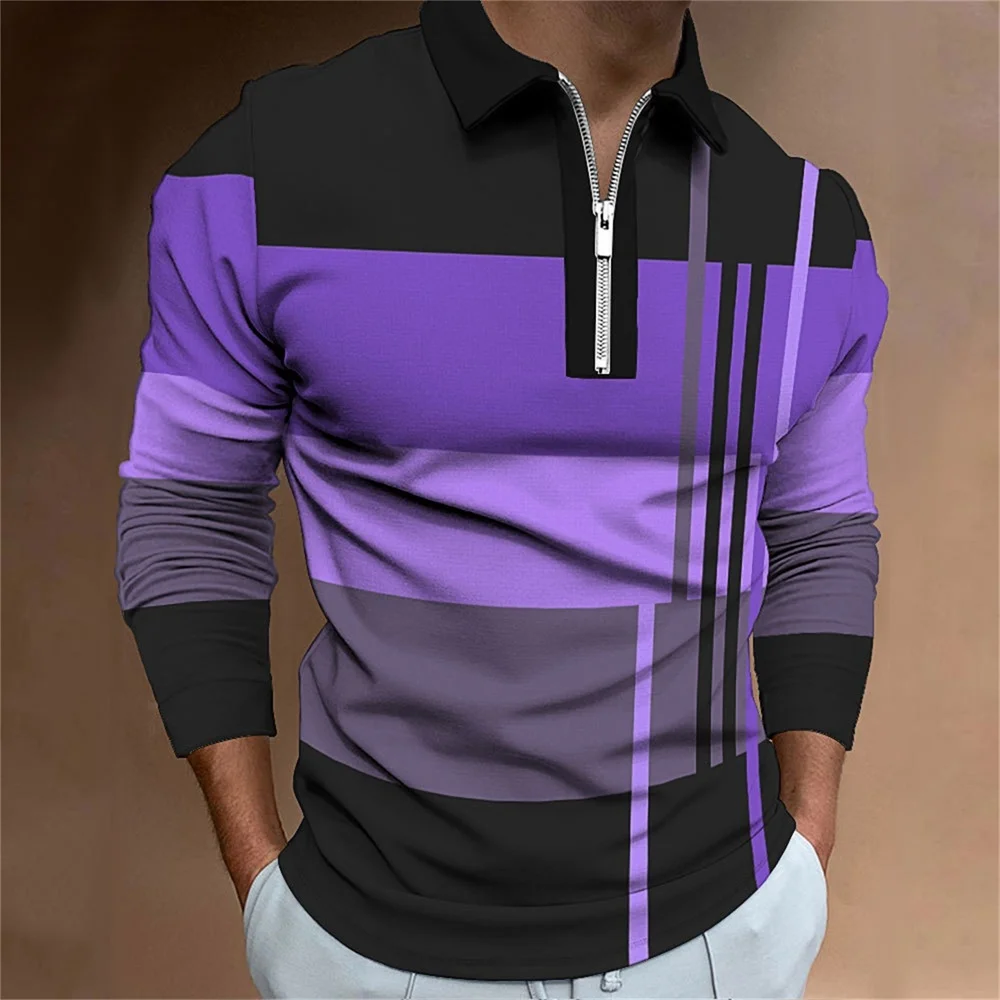 New Men Clothes Spring Autumn Long Sleeve 3D Digital Print Spell Color Polo Shirt Men Slim Fit Lapel Golf Polo Shirt Tops