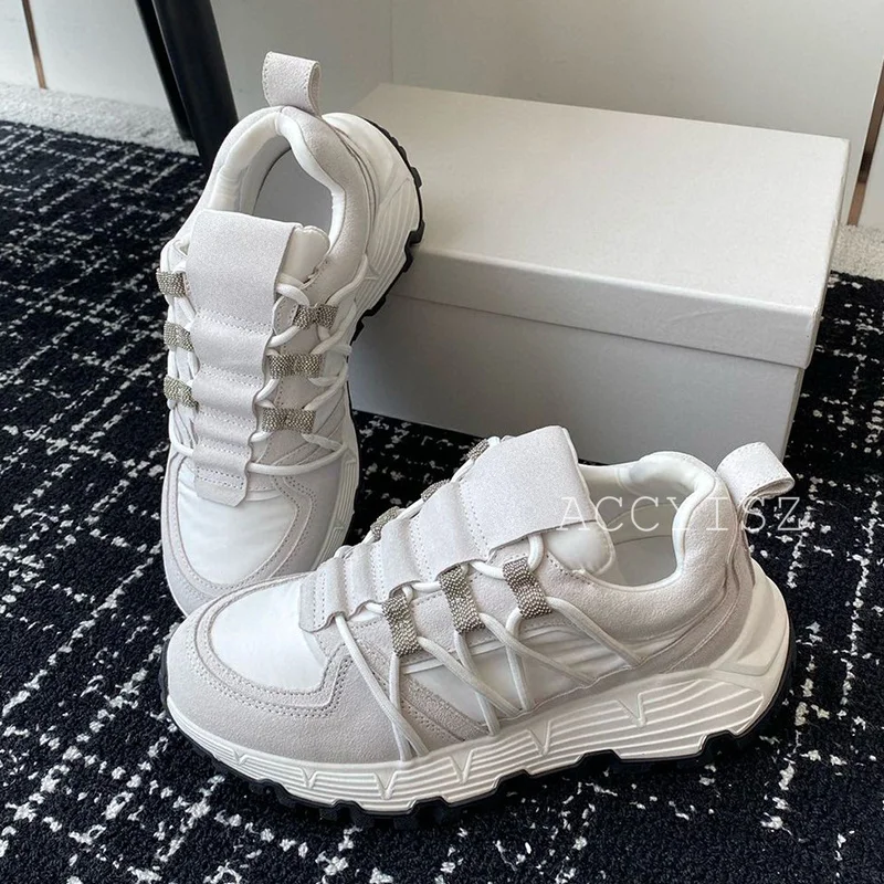 Genuine leather thick sole with increased retro color matching and versatile casual Sneakers metal beaded decorative flat shoes