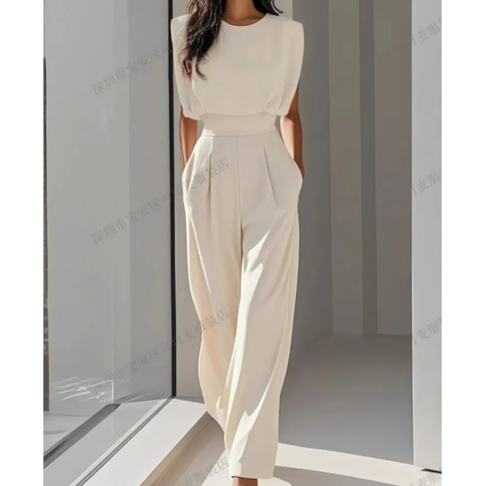 

Elegant High Waisted Jumpsuit New Women's Fashion Queen Style Summer Solid Color Waistband Pocket Office Capable Jumpsuit