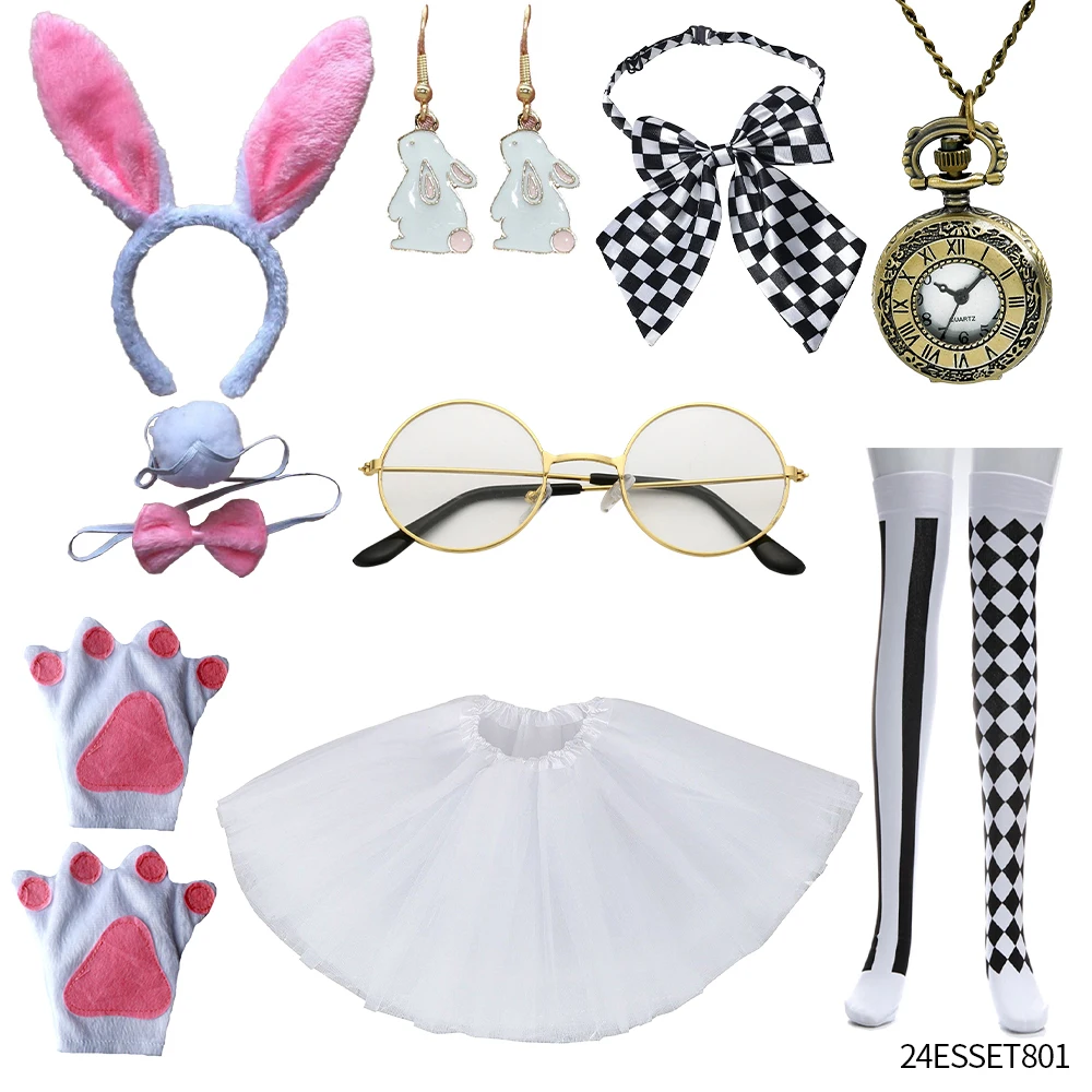 

PESENAR White bunny costume, bunny dress up accessories kit, includes watch headband, tie tail necklace and nose.