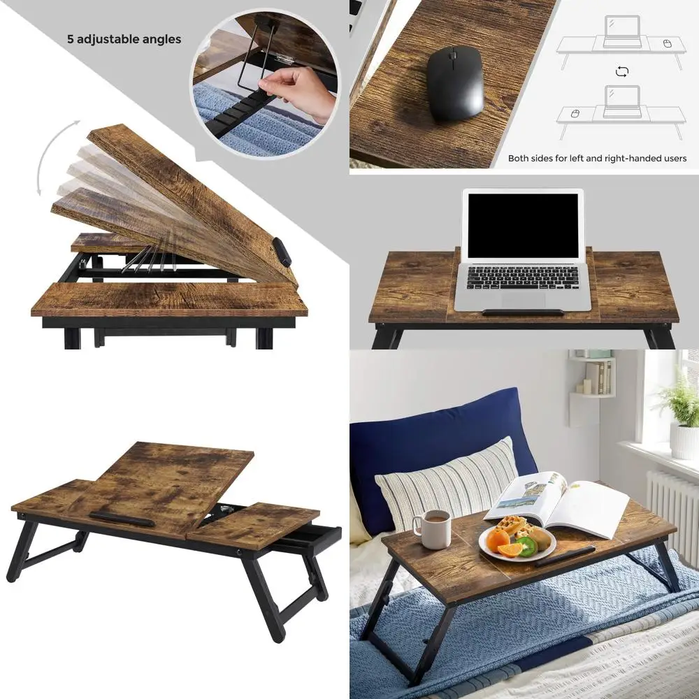 

Регулируемый стол для ноутбука с наклоном, ящиком и складными ножками, темно-коричневый в деревенском стиле для кровати или дивана, ULLD110B01