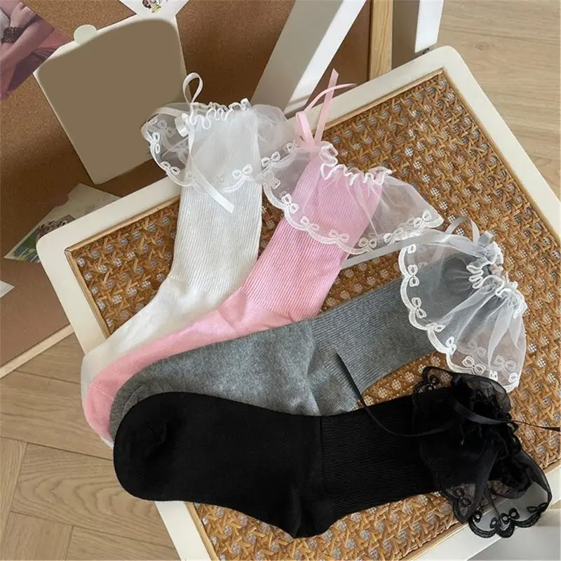 Y88A Ruffle Mesh Splicing Socks Short With Bows Dekorasi Kapur Kru Mahasiswa