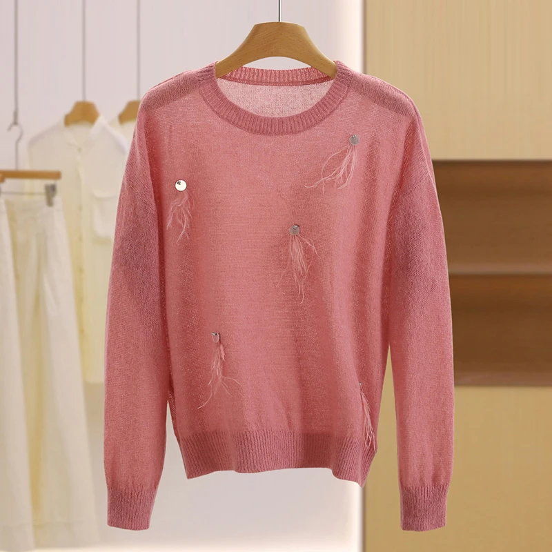 سترة محبوكة رقيقة بألوان نقية مزينة بالترتر، تصميم عصري شبابي، نمط كاجوال للتنقل اليومي، أكمام طويلة وياقة دائرية #5