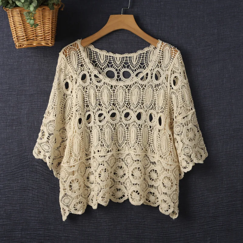 

2024 Summer New Loose Crochet Cutout Blouse Thin Short Sleeve Suspenders Knitted Fresh Lace Shirt Top