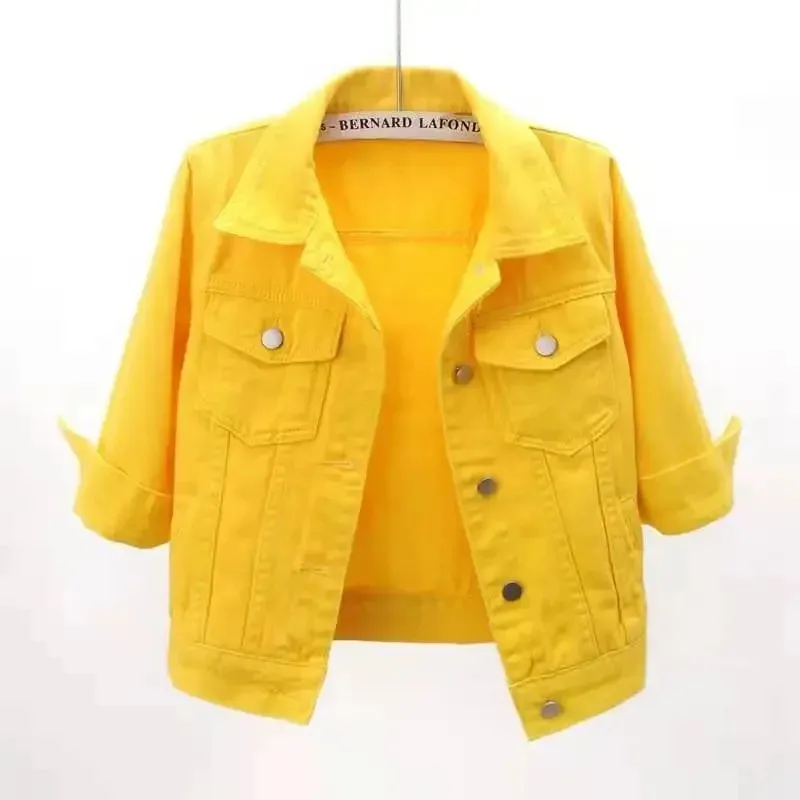 Womens Jean Jacket Cropped Denim Jackets Stretchy 3/4 Puff Sleeve Distressed Shacket with Pockets Purple Yellow White Outerwear