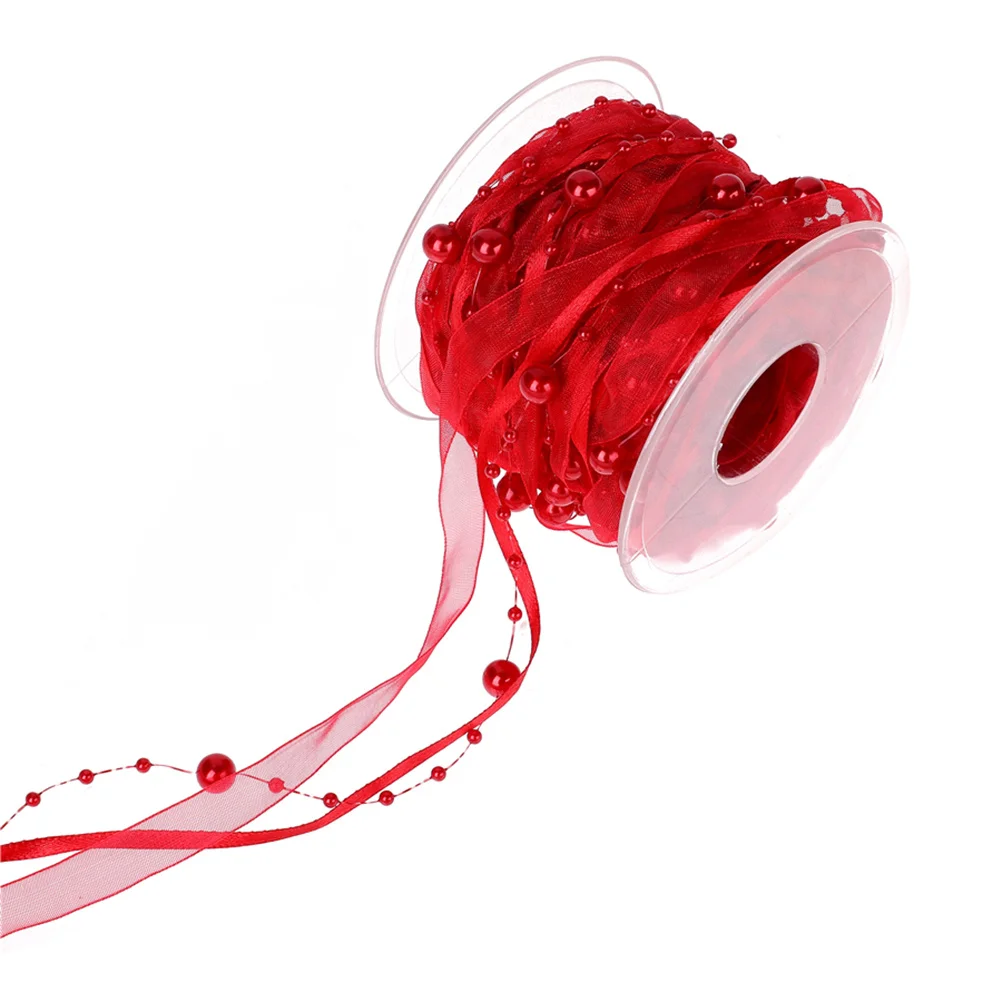 

1 Roll Wedding Decorative Ribbon Beaded Craft Band For Christmas Tree Bouquet Gift Wrap Party Diy Red Piyester Webbings