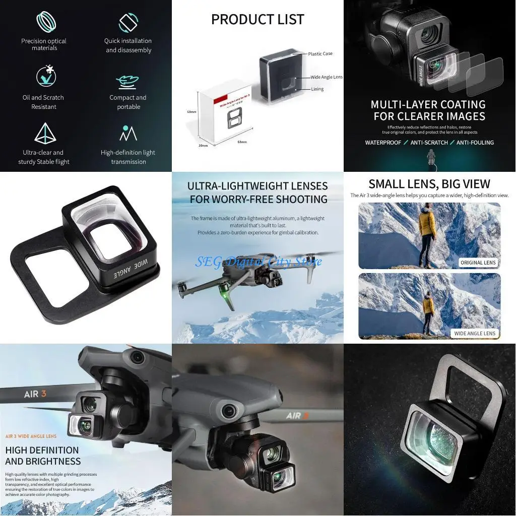 

U75B External Wide Lens Professional Lens Filter Water-proof Lens Fast On Design for Air 3 Repair