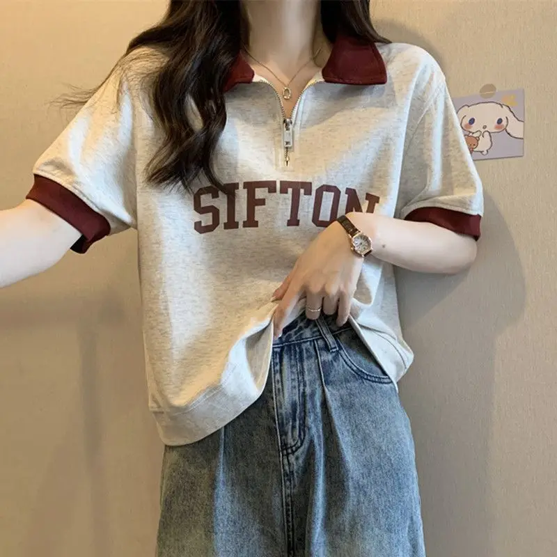 2026 Trendy Zip Up Collar Top For Women Summer Short Sleeve With Structured Shoulders Tummy Control