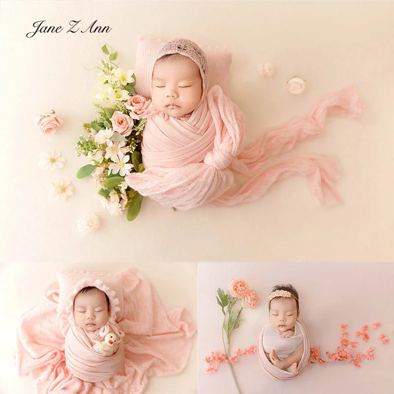 

Newborn props baby girl pink series handmade knitted 2 kinds bonnets elastic wrap wool fluff chunky wrap doll