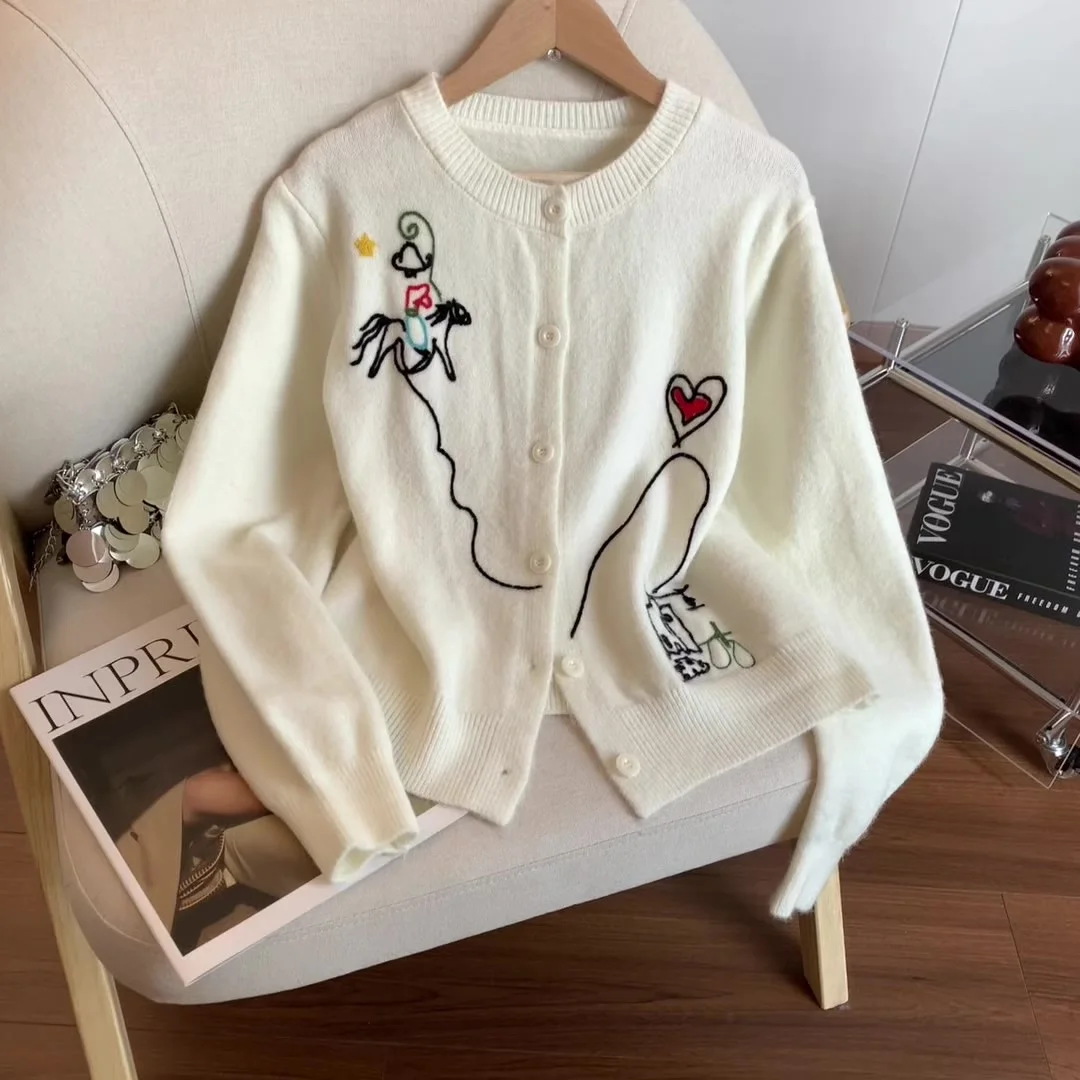

Женский абрикосовый кардиган с круглым вырезом и вышивкой, свитер, винтажный свитер 2000-х годов Y2k, эстетический трикотаж, свитер с длинными рукавами, осень 2025 г.