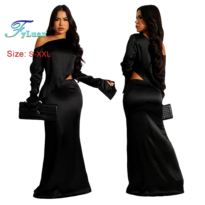 Nuovo elegante abito in due pezzi in raso tinta unita set da donna svasato manica lunga spalla obliqua top e gonne lunghe a sirena da sera