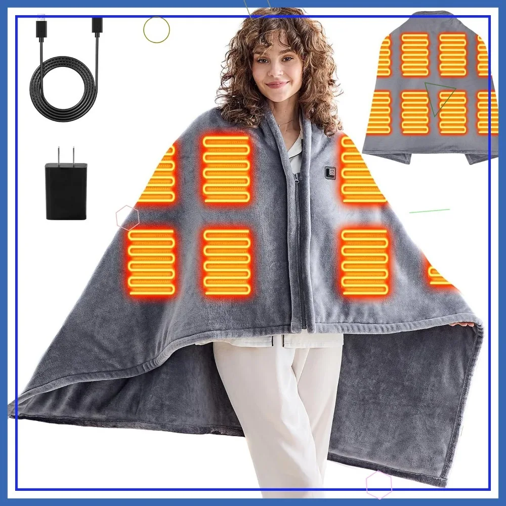 

USB Heated Blanket Shawl - Cordless 3-Level Heating for Travel, Camping, Bed & Outdoor Use, Marble Grey