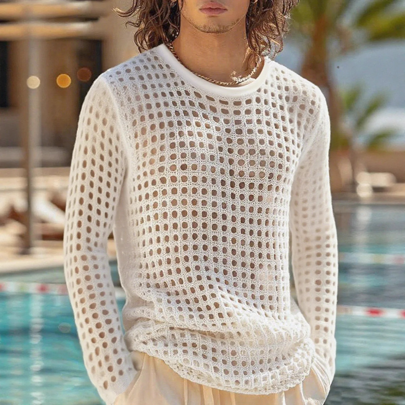 Summer Men's Hollow Fitness Top Mesh Perspective Sexy Knitted Long-sleeved Shirt T-shirt