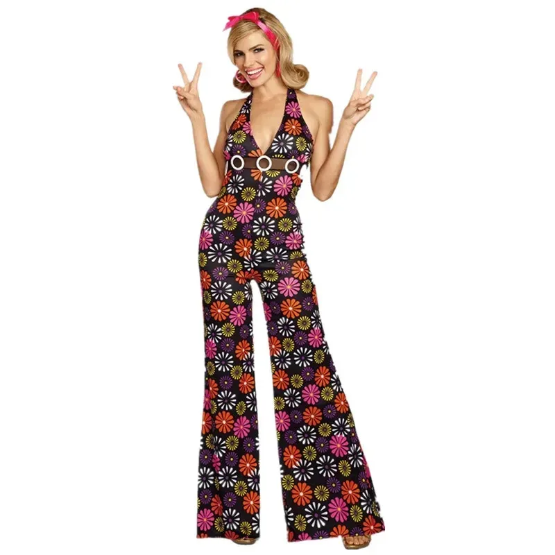 Disfraz Hippie Vintage de los años 60 y 70 para mujer, monos de discoteca con potencia de flores, disfraces de Carnaval y Halloween para mujer NM31