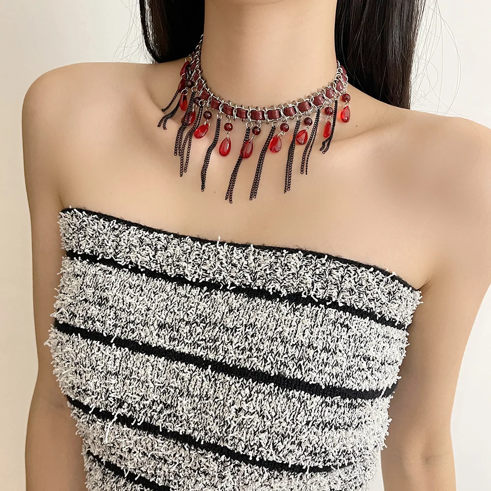 Hot girl collarbone chain Gothic subculture red crystal tassel leather necklace