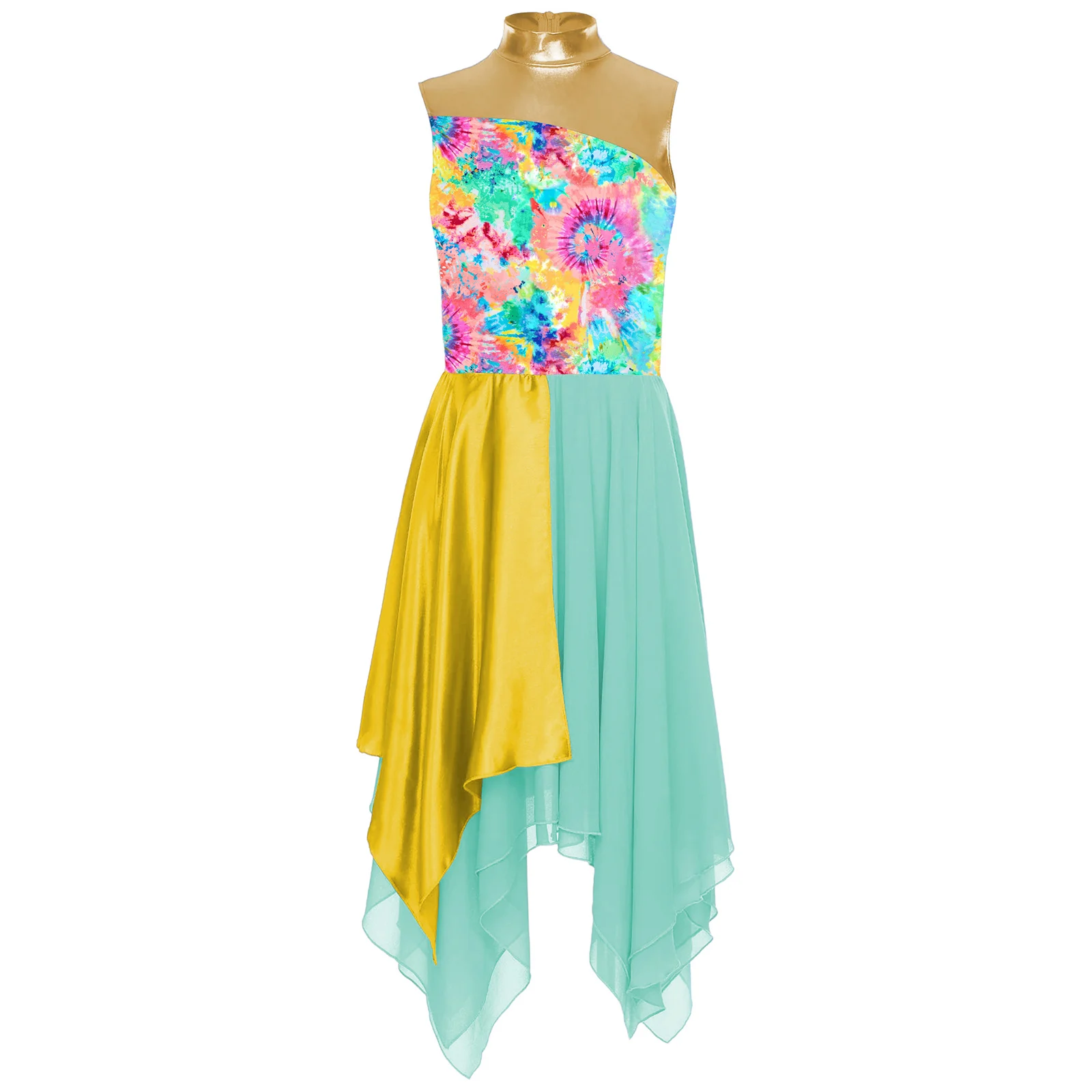 Womens Worship Praise Lyrical Dance Dress Sleeveless Print Patchwork Color Block Chiffon Hem Dress Modern Church Dancewear