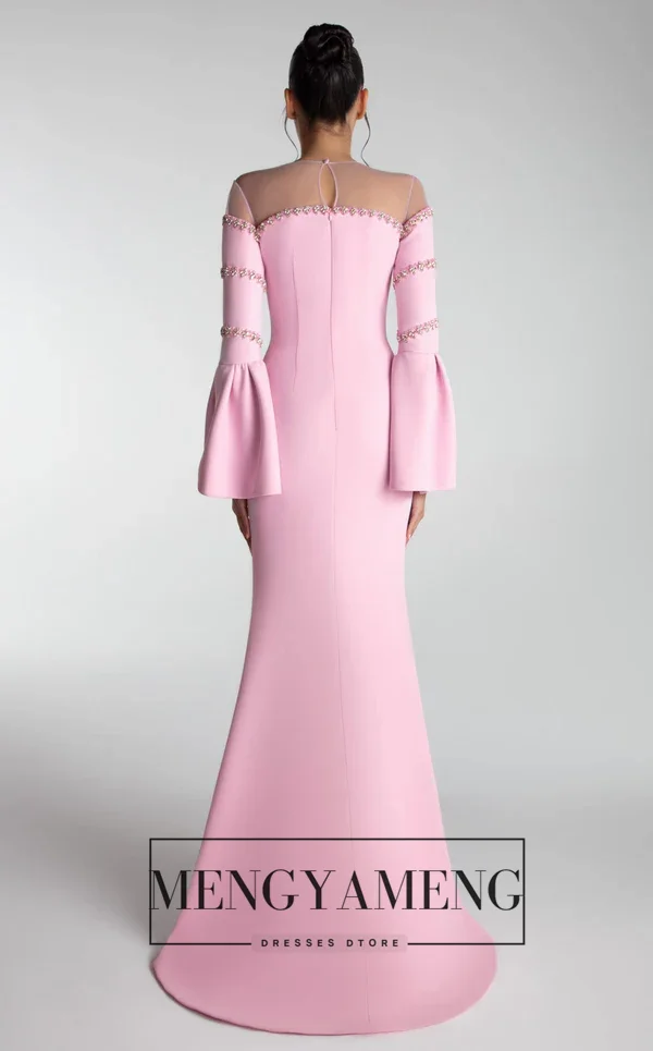 ZHUISHU O-Neck Illusion Pink Women Evening Gown for Formal Event Customized Long Sleeves Beading Modest Wedding Guest Dresses