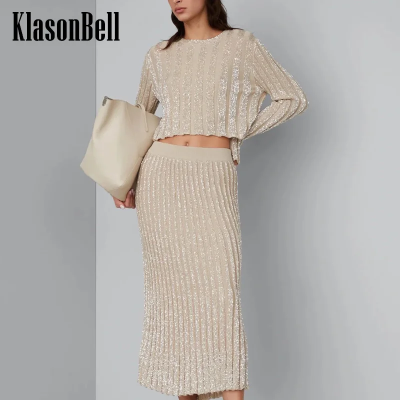 

7.15 KlasonBell Women's Celebrity Same Bling Sequins Bright Silk Short Knitwear Top Or Elastic Waist Skinn Skirt Elegant Set