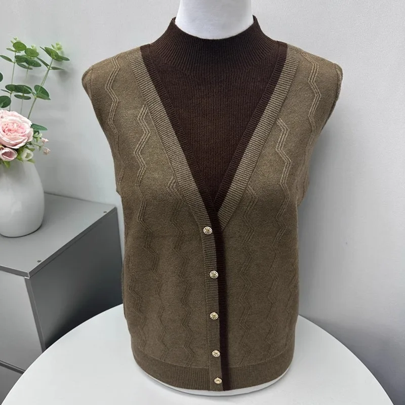 Women Mature Autumn Winter Faux Two Piece Knit Sweater Mock Neck Thick Sleeveless Vest Warm Casual Top