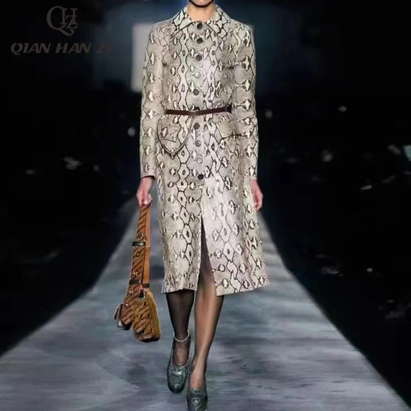 

QHZ Fashion Runway Trench Coat vintage Single-breasted belt slim snakeskin-print shiny-leather long coat for women autumn/winter
