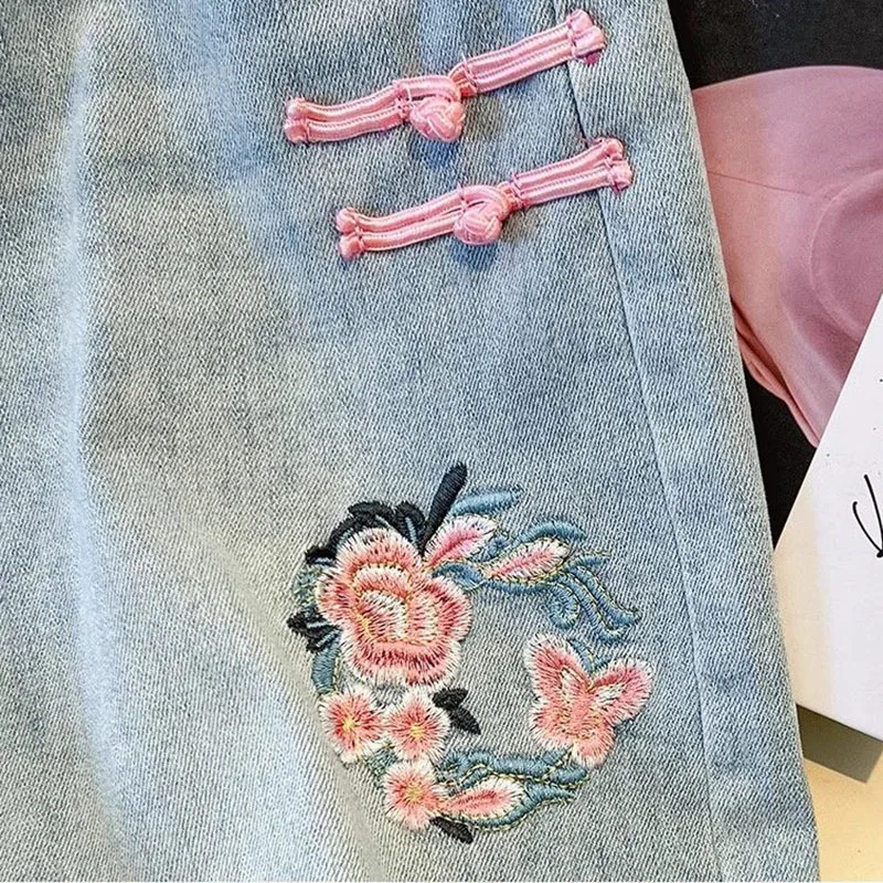 2024 Spring Summer New High Waist Chinese Style Embroidered Denim Skirt Women\'s Back Split Long Jeans Skirts Wrapped Hip Skirts