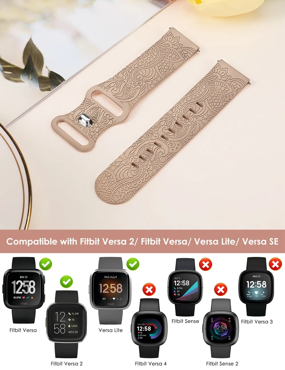 TOYOUTHS Boho Floral Engraved Band for Fitbit Versa 2/Versa/Versa Lite/Versa SE Soft Silicone Sport Summer Strap for Versa