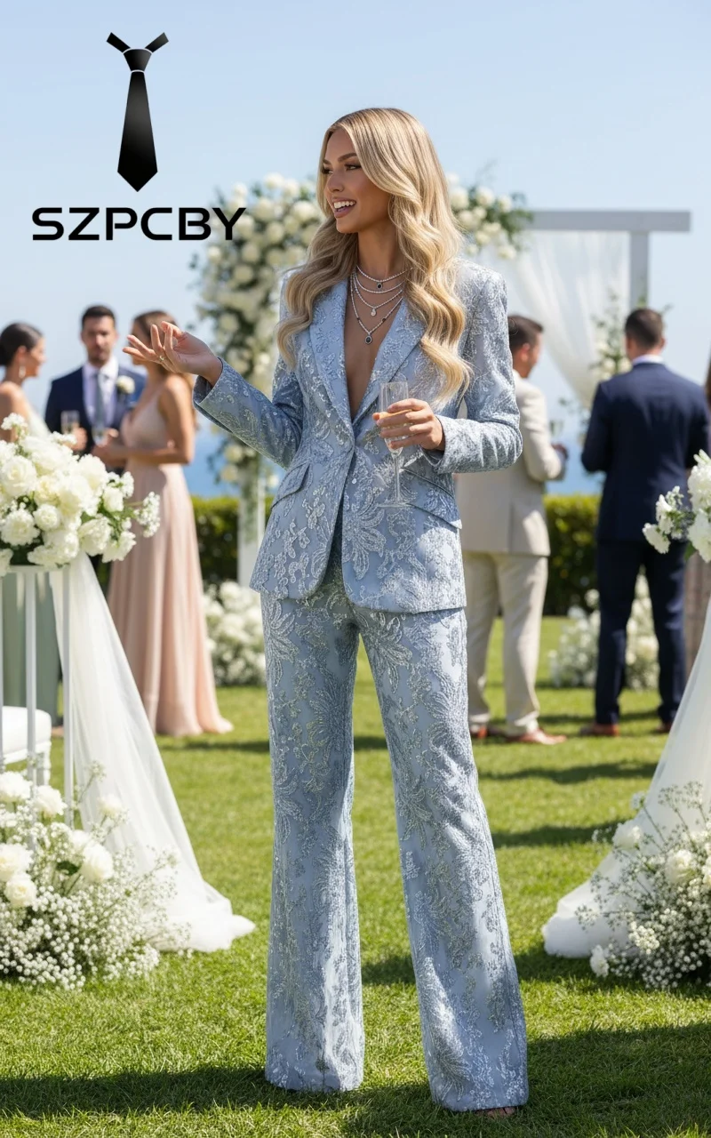 Sequin Pants Suits for Women 2 Piece Sparkly Shinning Floral Applique Womens Suit for Dinner Party Prom Wedding Guest