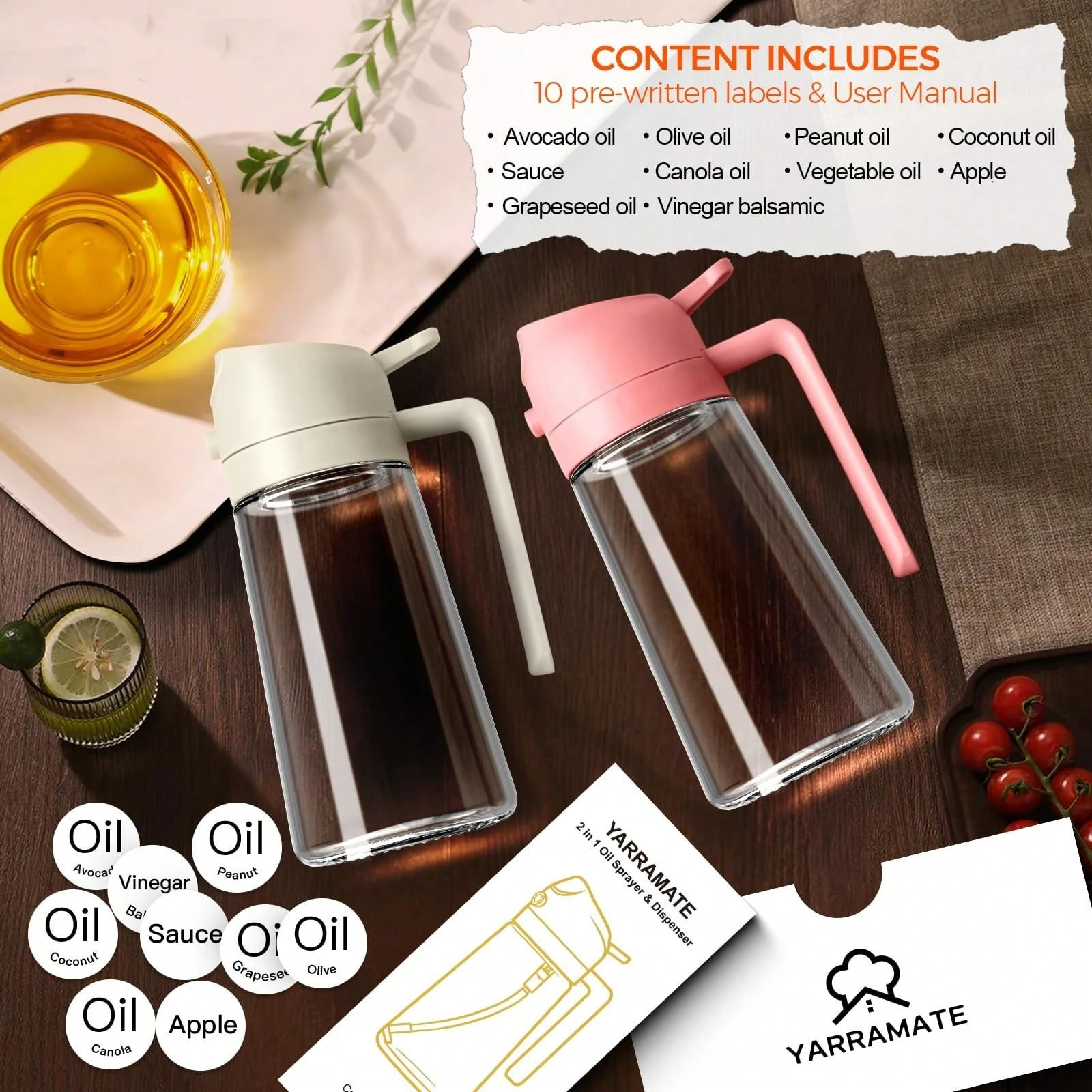 16oz/470ml Glass Olive Oil Sprayer for Cooking with Stickers, 2 in 1 Oil Dispenser for Kitchen Gadgets, Food Grade Premium Spray Bottle with Portion Control for Salad, Frying, BBQ (Black)