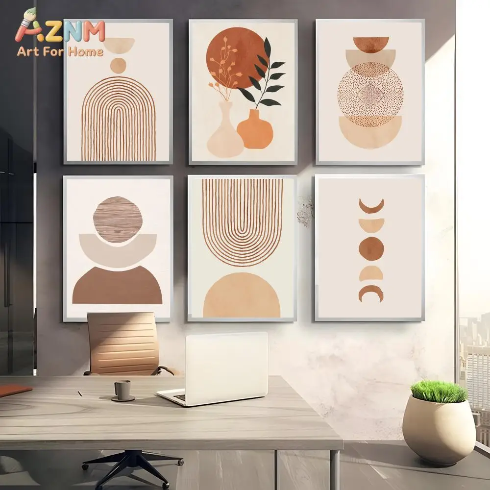 AZNM Unframed Boho Abstract Geometric Canvas Wall Art, Neutral Terracotta Sun Moon Vase Leaf Print, Minimalist Mid Century Moder
