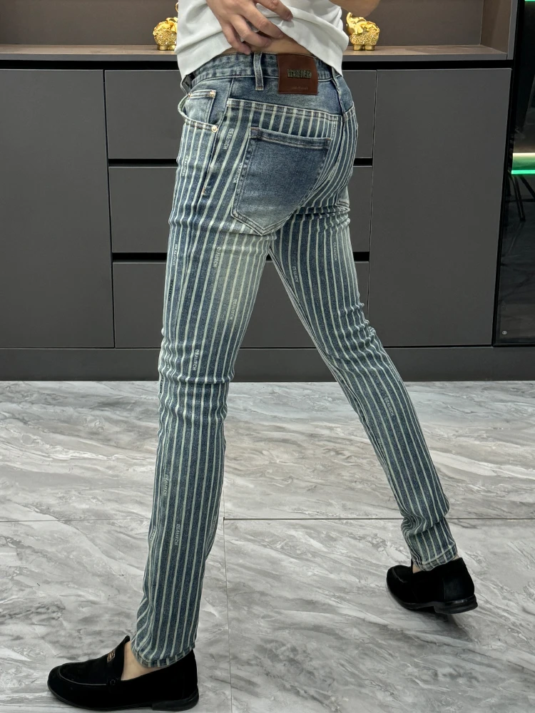 Fashionable Slim Fit Men's Stripe Denim Jeans Youth Casual Versatile Long Pants Autumn Lightweight Luxury Elegant Tailored