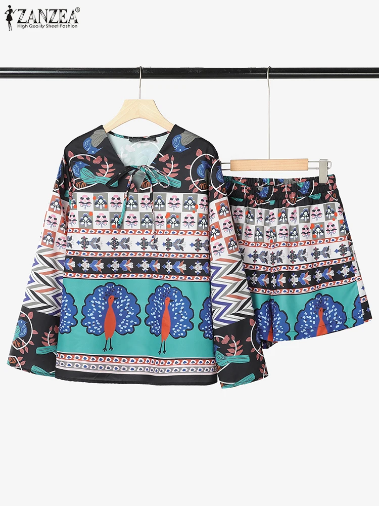 

ZANZEA 2025 женские короткие комплекты с длинным рукавом и v-образным вырезом на шнуровке, блузка с эластичной резинкой на талии, шорты с карманами, винтажные костюмы с принтом, повседневная одежда