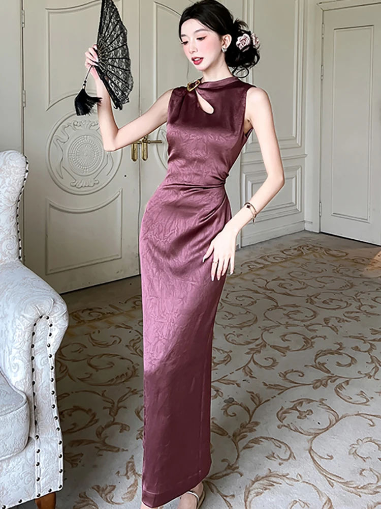 Summer Purple Jacquard Satin Chic Hollow Out Diamonds Dress Women Elegant Luxury Evening Dress 2025 Korean Vintage Party Dresses