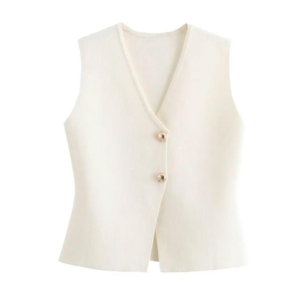 

Women's Slim Fit Knitted Vest Solid Color Gold Button-Up European American Style Autumn Top