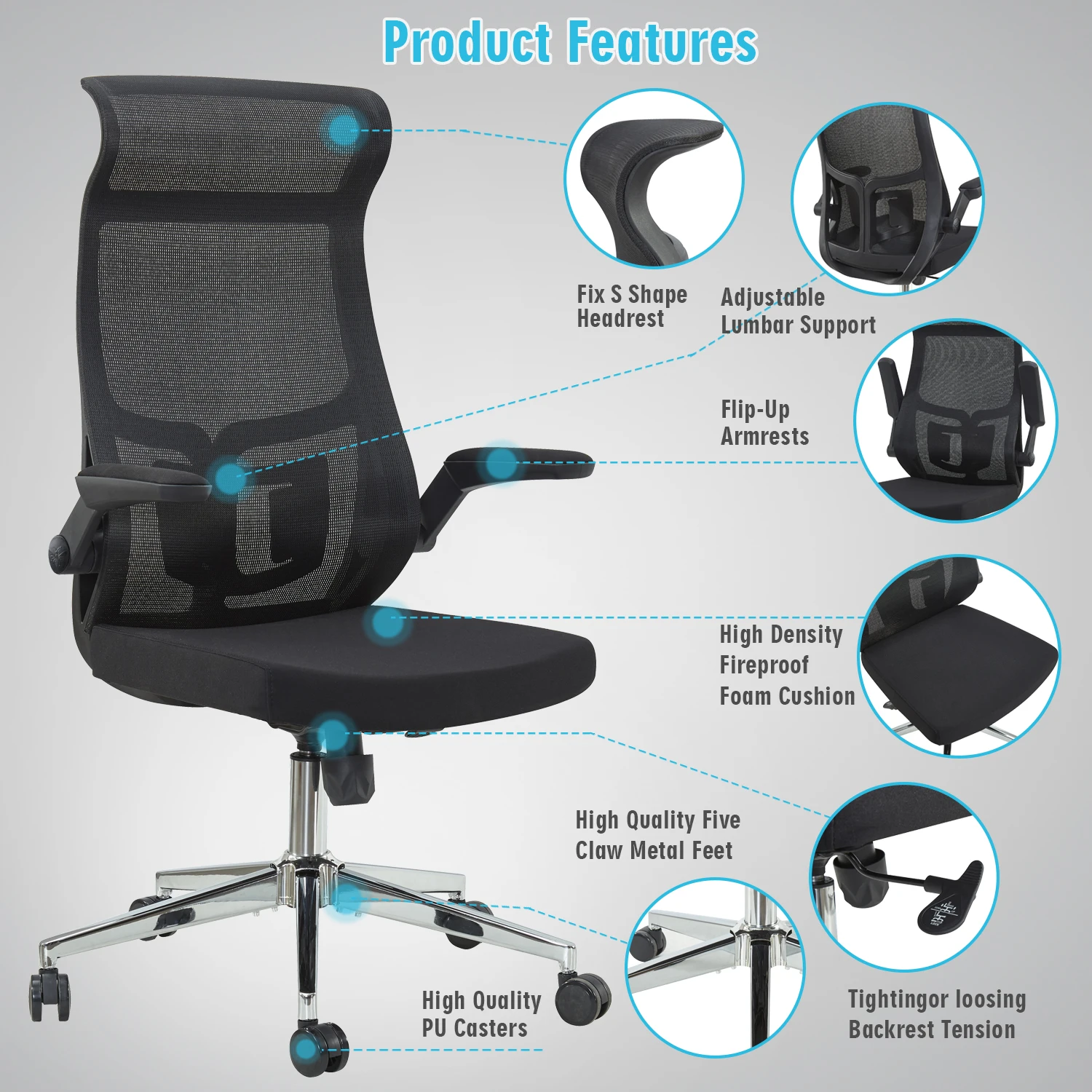 Ergonomic Home Office Chair, High Back Desk Chair - Fixed Headrest with Flip-Up Arms, Tilt Function, Lumbar Support and PU Wheel