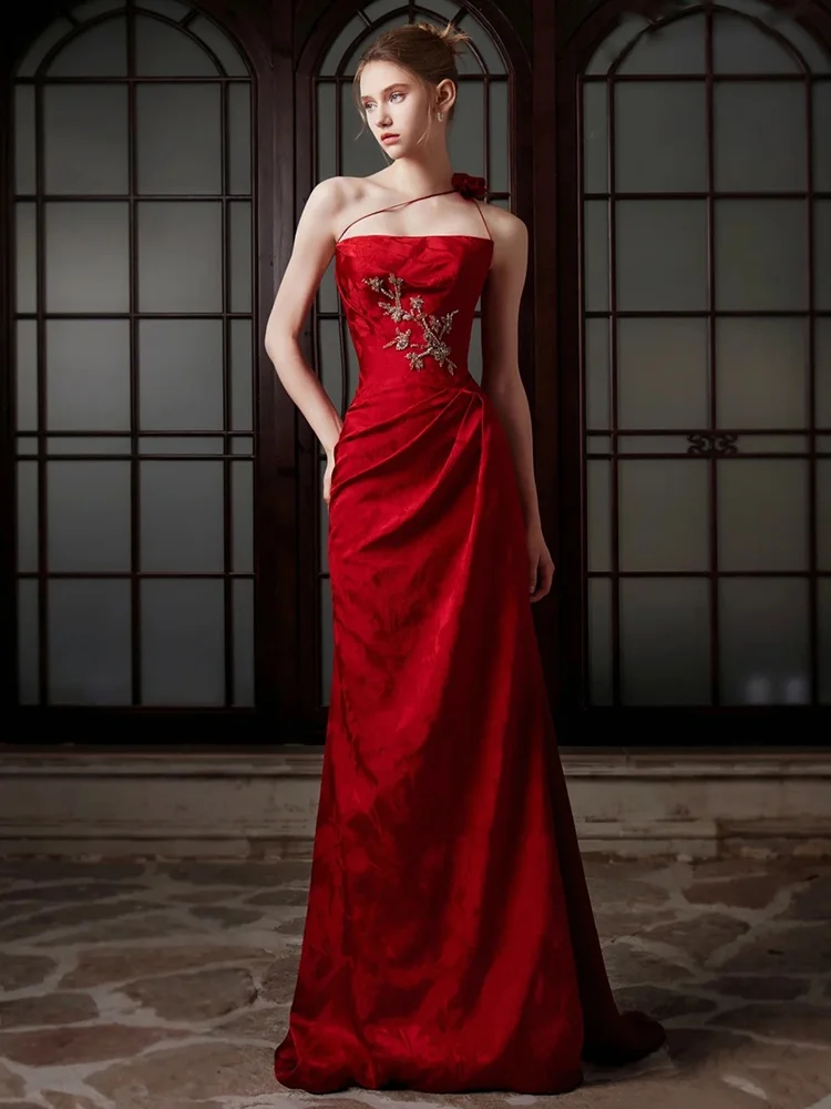 

Red Satin Wedding Dr Women's New 2025 Chinese Sle Bridal Gown Engagement Morning Robe Evening Dr Summer Sexy Bead Emb...