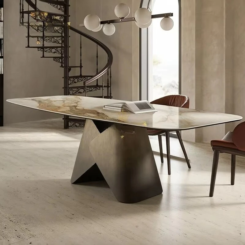 Luxury Custom Calacatta Gold Marble Rectangular Dining Table Metal Base Living Room Kitchen Restaurant Marble Dining Table